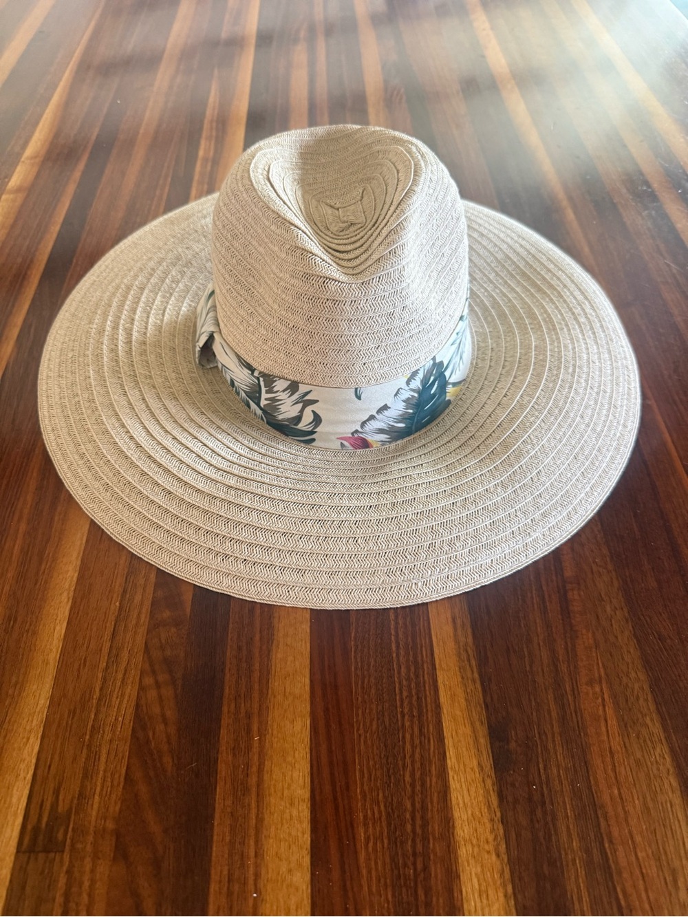 Wide Brim Straw Sun Hat with Floral Band - Beige